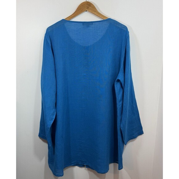 FLAX Tunic Blouse Top Large Linen Cotton Button Up Lagenlook Bright Blue Coastal - Picture 2 of 11